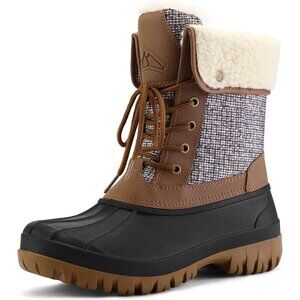 Women's Brown Plaid Waterproof Insulated Snow Boots Lace-Up Mid Calf Duck Boots